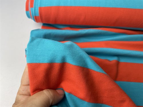 Bomuldsjersey - flotte striber i orange og turkis
